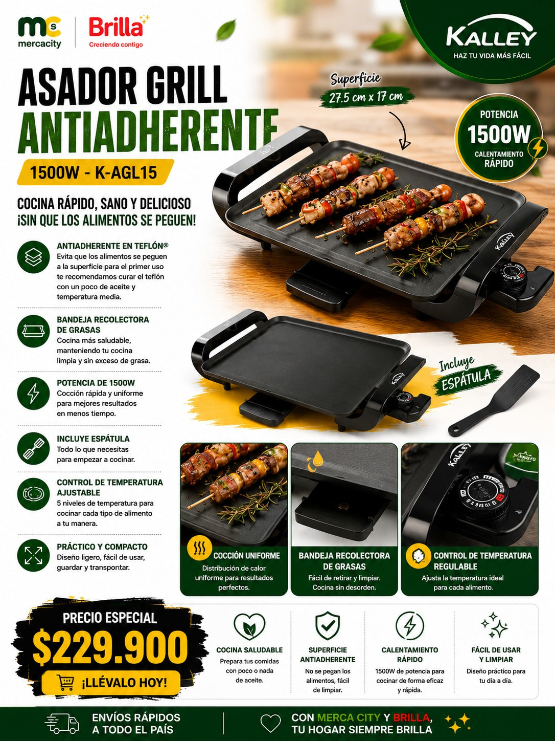 ASADOR GRILL ANTIADHERENTE 1500W