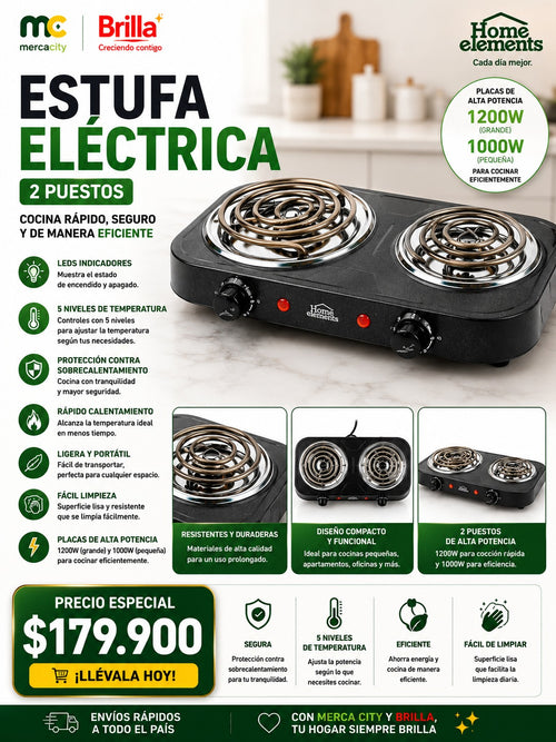 ESTUFA ELECTRICA 2 PUESTOS HOME ELEMENTS 1200W